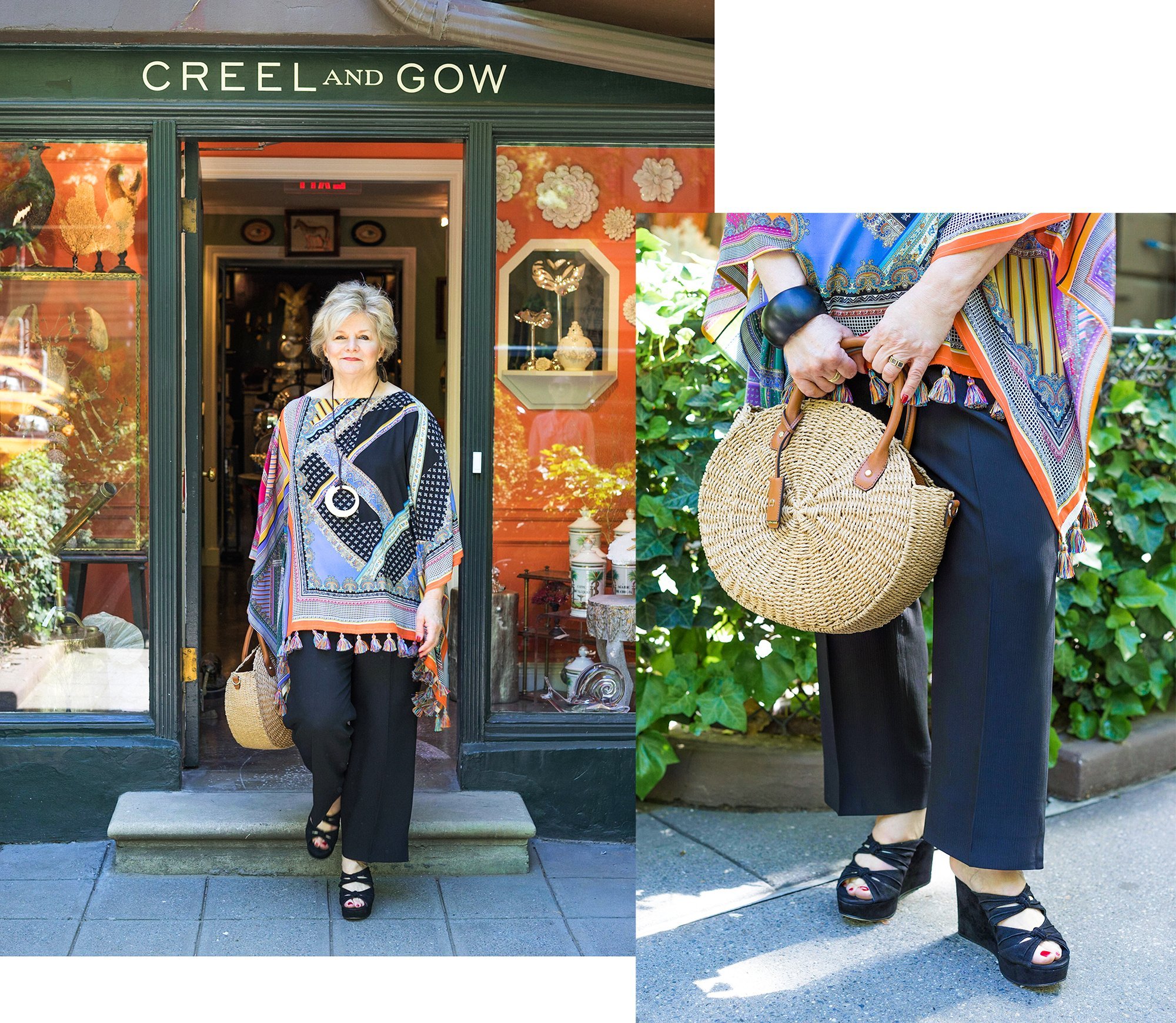 Charlotte wears our Desire Wedges in Black and carries the Capri Tote in Natural. Pictured in front of Creel and Gow.